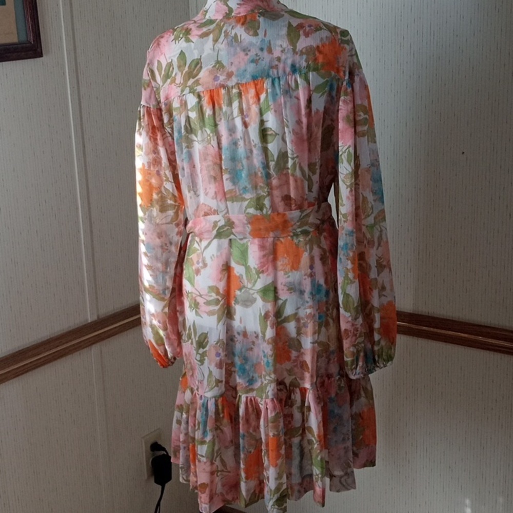 Taylor Pink and Orange Floral Long-Sleeve Button Dress with Tie Waist, Cottage C - Picture 7 of 10